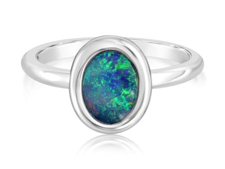 14K White Gold 5x7 Oval Australain Opal Doublet Ring For Discount