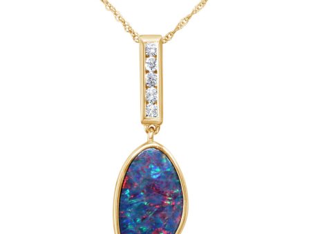 14K Yellow Gold Australian Opal Doublet Diamond Pendant Online Sale