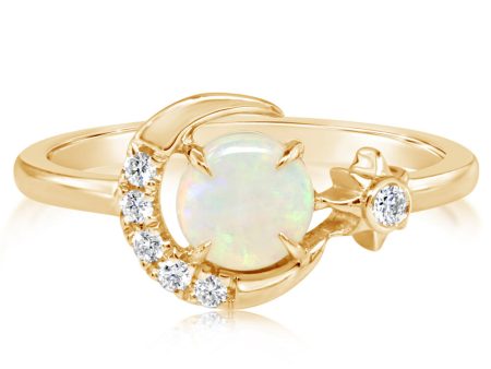 14K Yellow Gold Australian Opal Diamond Moon Ring on Sale