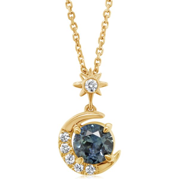 14K Yellow Gold Montana Sapphire Diamond Moon Pendant For Cheap