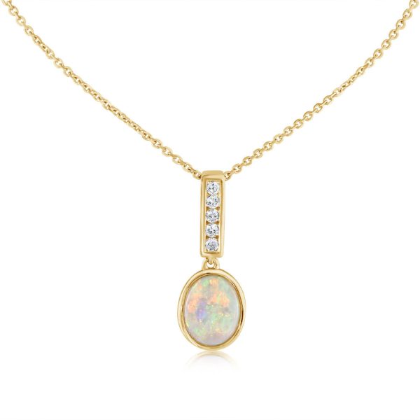 14K Yellow Gold Australian Opal Diamond Pendant Online Hot Sale