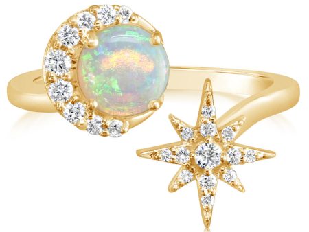 14K Yellow Gold Australian Opal Diamond Star Ring Fashion